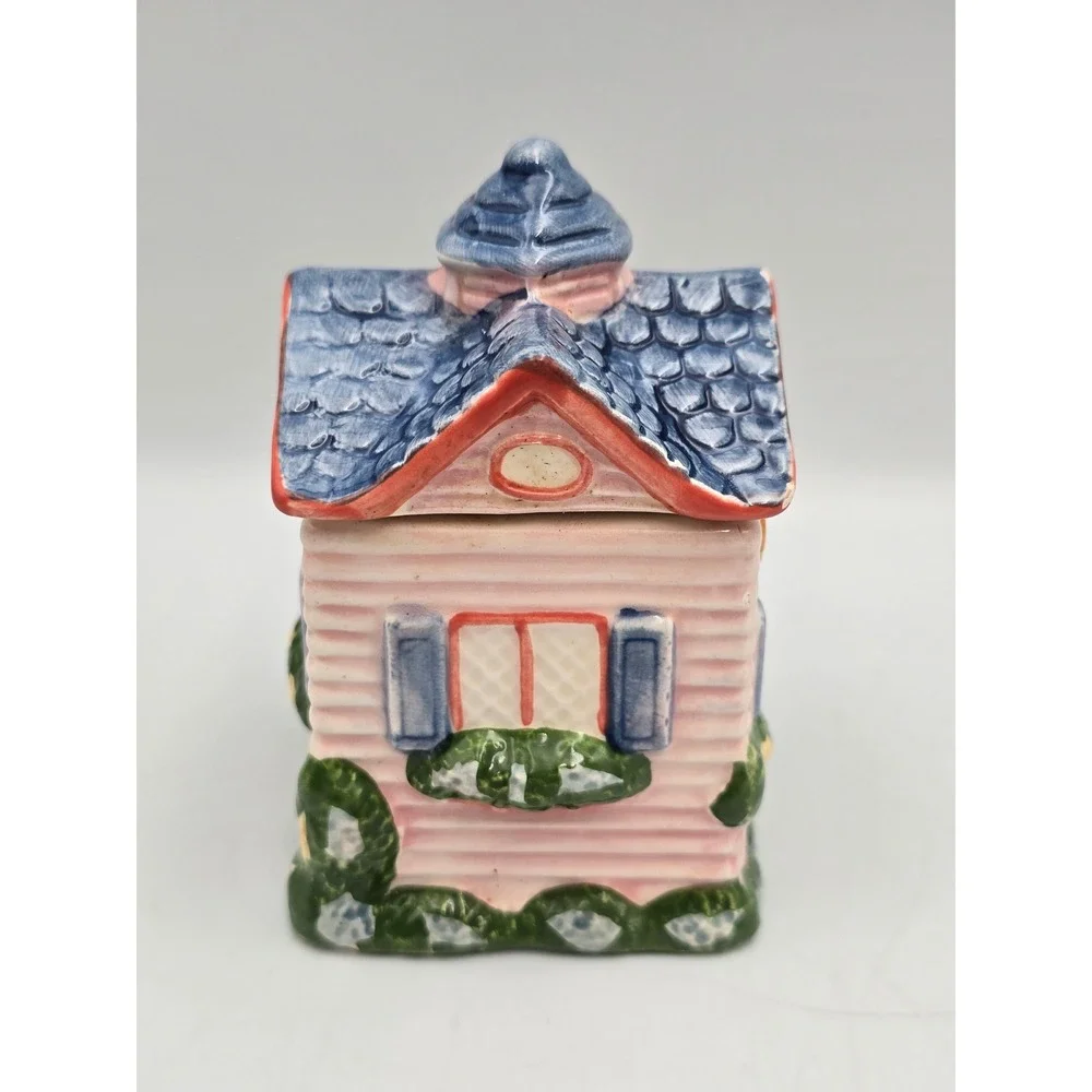 Avon Ceramic Cottage Spice Jar Small Pink House‎ Blue Roof Good Vintage 3.5in